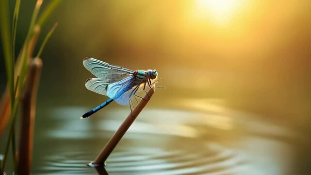 Blue damselfly resting on a twig with a blurred golden background, displaying its delicate wings and vivid colors.