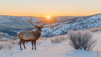 Fototapeta premium Majestic Elk Stands Tall on a Snowy Hillside as the Sun Sets Over a Winter Wonderland
