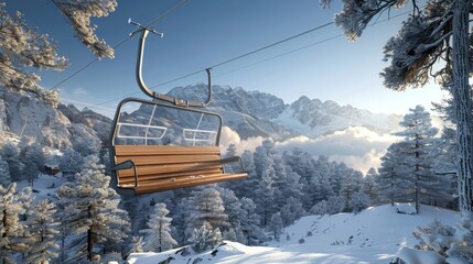 Minimalist ski chairlift elegantly overlooks serene snowy alpine valley with rustic wooden seats