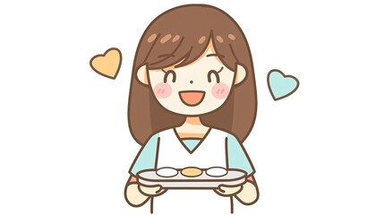 Cute cartoon nurse holding a tray with a medicine bottle, against a white background