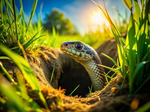 Snake Hole in Lush Green Field - Wildlife Nature Stock Photo