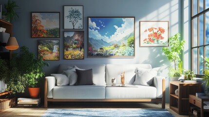 A cozy living room with a sofa and framed artwork on the walls