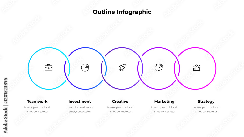 Poster Five line circle elements in horizontal row for infographic and presentation. Concept of 5 steps of business development process