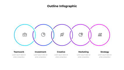 Five line circle elements in horizontal row for infographic and presentation. Concept of 5 steps of business development process