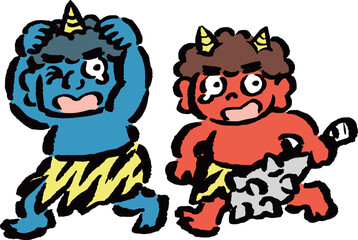 逃げる赤鬼と青鬼　筆タッチ手描きイラスト