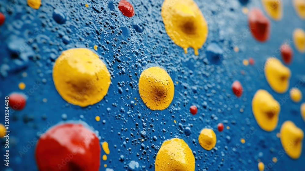 Poster abstract texture with red and yellow paint blobs on a blue background.