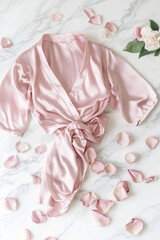 Fototapeta premium Soft pink silk pajama set lays gracefully on a white marble surface adorned with fresh rose petals, creating a chic and elegant display ideal for a relaxing setting