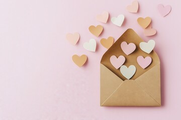 Romantic Beige Envelope Open with Heart-Shaped Paper Cutouts Coming Out - Flat Lay