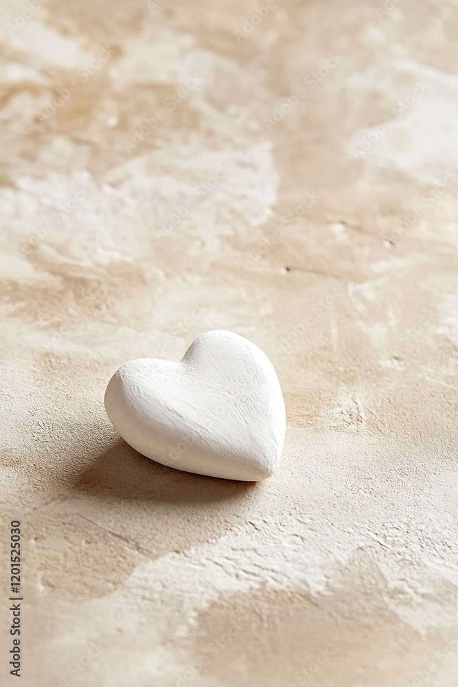 Poster a delicate handmade clay heart in soft white rests on a matte beige surface, casting gentle shadows.
