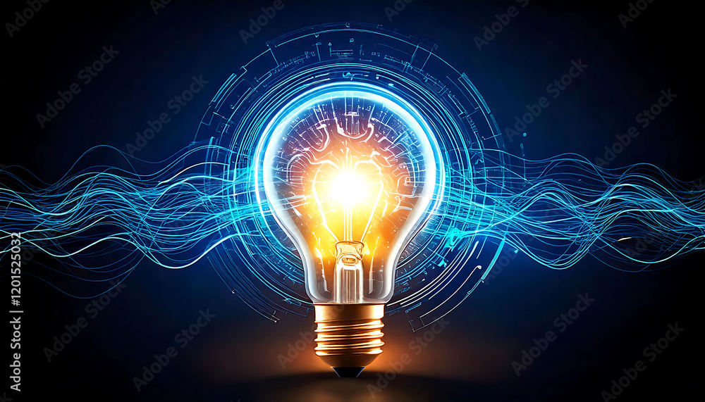 Poster stunning lightbulb image, glowing with inner light and surrounded by dynamic blue energy lines and t