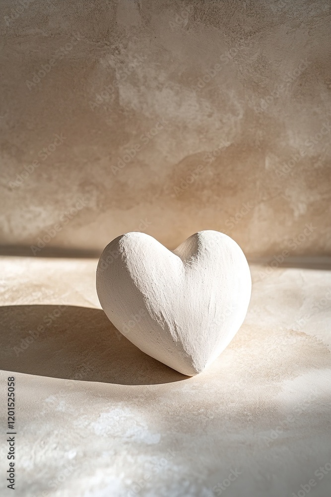 Poster a handmade clay heart in soft white rests on a matte beige surface, casting gentle shadows. the mini