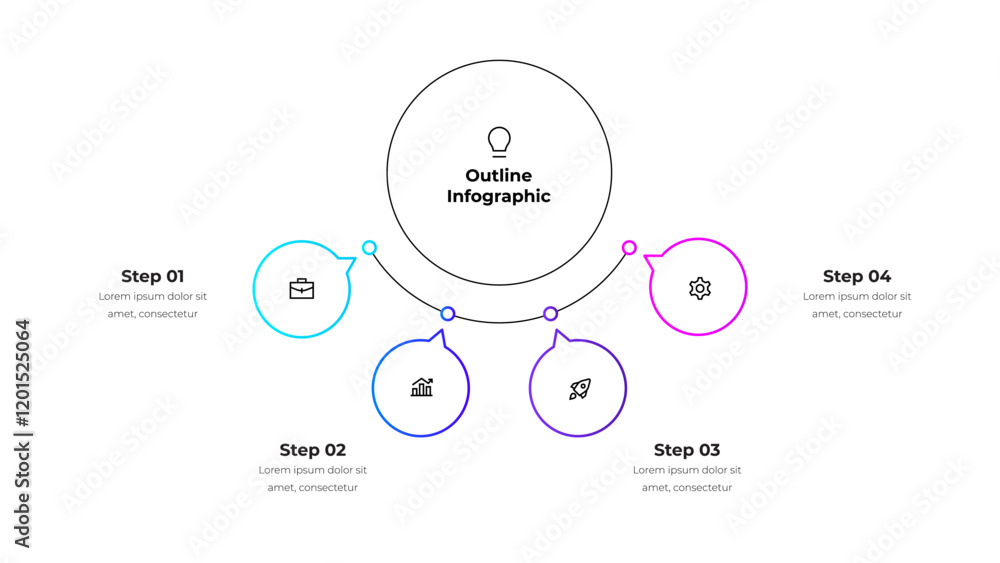 Poster Line organization chart with four options, steps or processes. Center circle with 4 small circles presentation for business data analytics visualization. Outline diagram