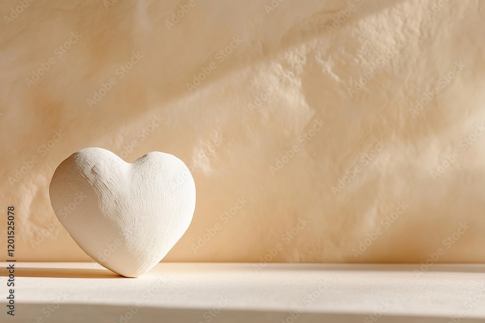 Poster a handmade clay heart in soft white rests on a matte beige surface, creating a minimalist design. so
