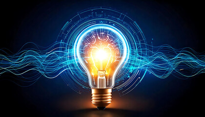 Stunning lightbulb image, glowing with inner light and surrounded by dynamic blue energy lines and tech circuitry.