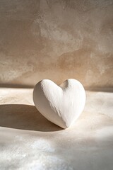 A handmade clay heart in soft white rests on a matte beige surface, casting gentle shadows. The minimalist setting provides a spacious backdrop ideal for text overlay and contemporary design