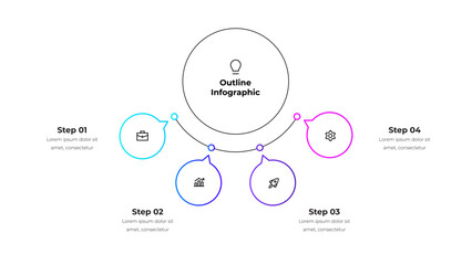 Line organization chart with four options, steps or processes. Center circle with 4 small circles presentation for business data analytics visualization. Outline diagram