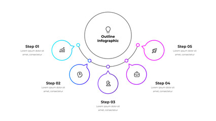 Line organization chart with five options, steps or processes. Center circle with 5 small circles presentation for business data analytics visualization. Outline diagram