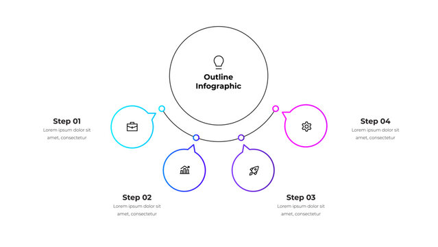 Line organization chart with four options, steps or processes. Center circle with 4 small circles presentation for business data analytics visualization. Outline diagram