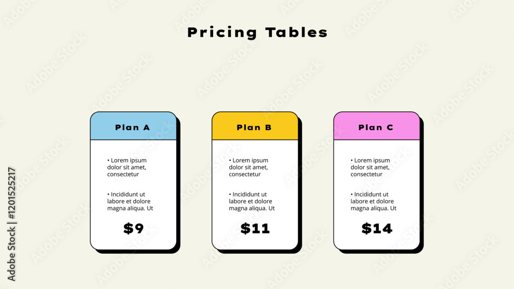 Poster neobrutalism pricing tables. subscription options or what is included in the plan. infographic desig