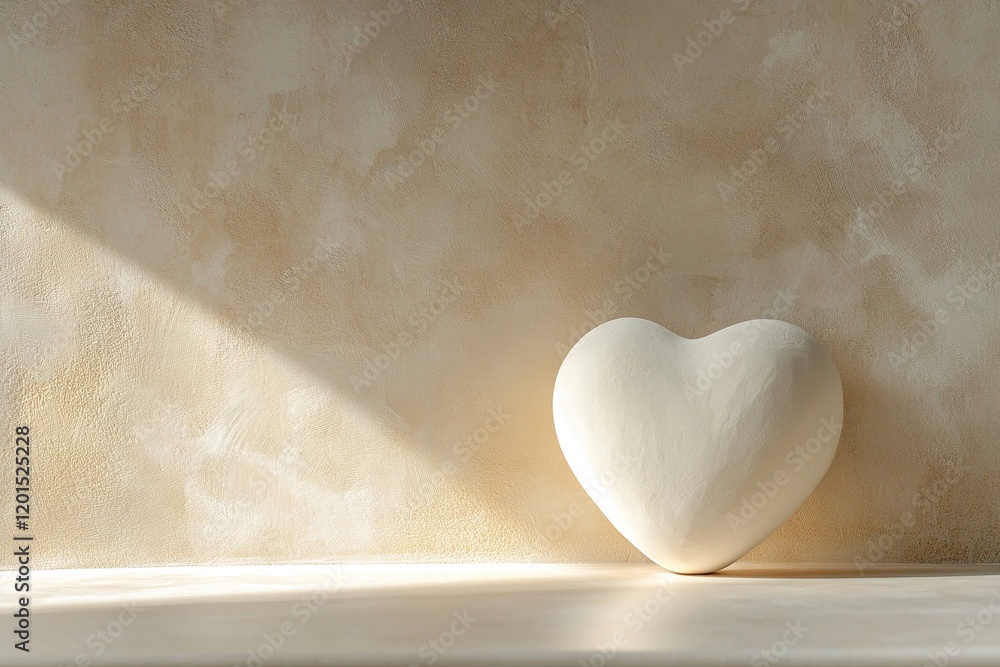 Poster a handmade clay heart rests on a matte beige surface, casting soft shadows. the minimalist design of
