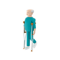 Senior male character in patient clothes walking using underarm crutches, 3d illustration
