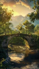 Fototapeta premium Ancient stone bridge over calm river surrounded by lush greenery and sunset reflections
