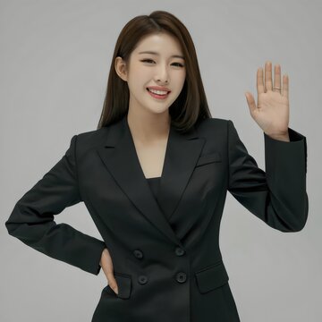 Confident Asian Woman in Black Suit, Smiling Toothily, Posing Professionally as Financial Services Expert