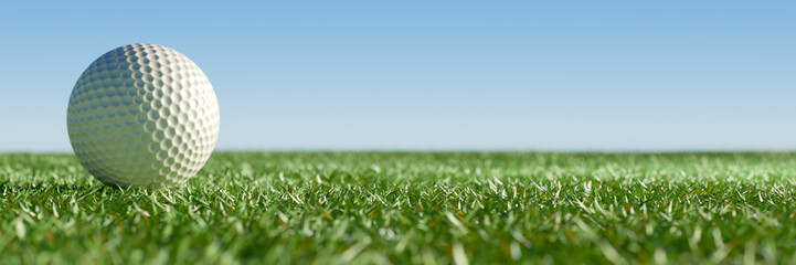 A golf ball resting on lush green grass under a clear sky. Banner 3d rendering