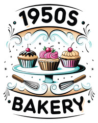 A vibrant 1950s style poster advertising a bakery, featuring delicious cupcakes, pastries, and a smiling baker.