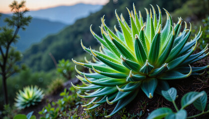 Fototapeta premium Vibrant alien plant glowing under dusk light in dense jungle, extraterrestrial beauty