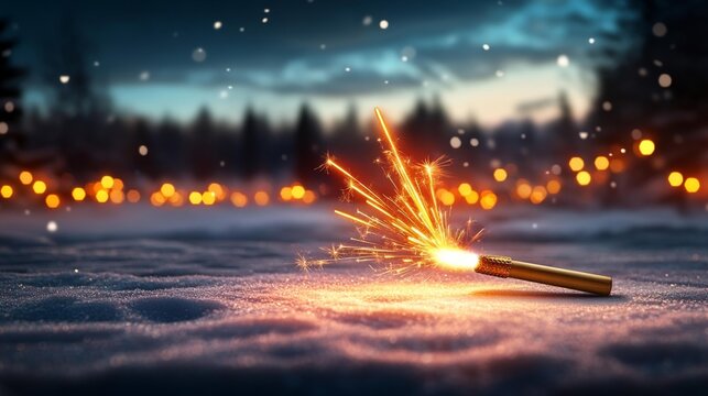 Fireworks Sparkling in the Snow at Night with Christmas Lights. Generative AI