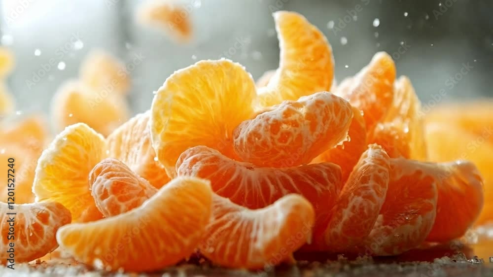 Poster A vibrant display of mandarin oranges bursting into pieces, creating a dynamic explosion of juice and zest. The background is softly blurred, emphasizing the freshness and texture of the fruit.