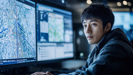 路面凍結対応の通報システムを確認する日本人自治体職員