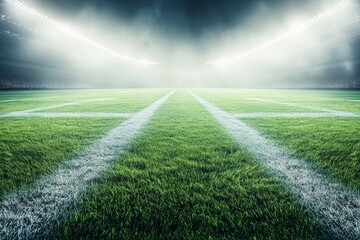 Obraz premium Empty stadium field at night with bright lights.