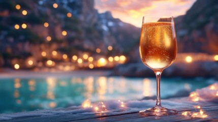 New Year's Eve Toast with Sparkling Wine in a Snowy Lodge Setting. Generative AI