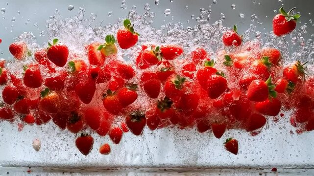 Fresh strawberries burst into a dynamic explosion, sending droplets of water flying in every direction. This vibrant display captures the essence of freshness and vitality in a beautiful way.