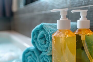 Two dispenser bottles containing golden body wash or shampoo sit on a stack of fluffy rolled towels beside a bathtub in a contemporary bathroom