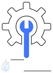 Gear and wrench combination representing settings, optimization, or repair. Ideal for tech support, engineering, system maintenance, troubleshooting, mechanics, software updates abstract line flat