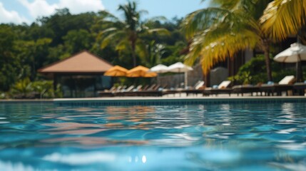 A tranquil swimming pool with crystal-clear water reflecting the surrounding palm trees