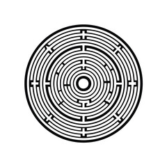 Generate a visually striking circular labyrinth design using bold, clean lines. The labyrinth should have a single, continuous path leading to the center.