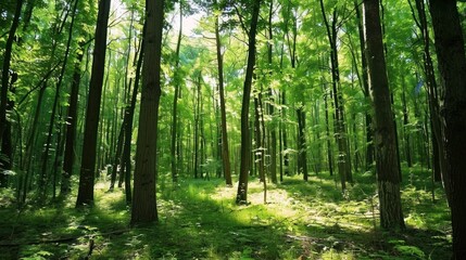 Obraz premium Sunlit deciduous forest, dappled light, nature background, environmental conservation