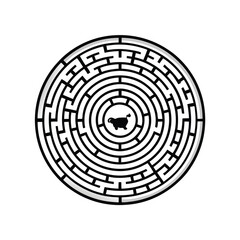 A complex circular maze with a hidden animal shape cleverly woven into its winding paths.