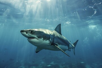 Fototapeta premium Great white shark swimming powerfully through sunlit blue ocean waters