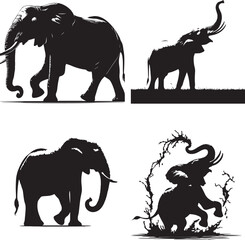  Elephant Silhouettes: Walking, Trumpeting, Standing, and Splashing in Black and White, elephant isolated on white background, elephant vector, black and white elephant