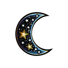 A crescent moon design filled with a starry night, with stars of various sizes and shades of white, creating a celestial and dreamlike aesthetic.
