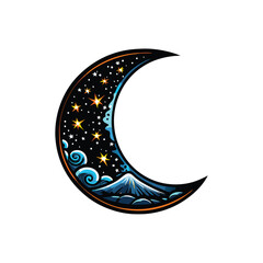 A minimalist crescent moon design filled with a cluster of tiny white stars, set against a deep blue night sky.