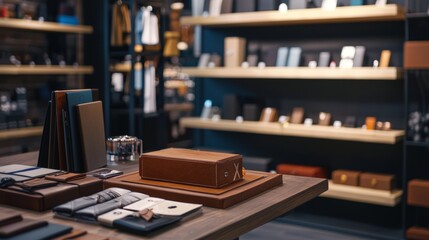 Rustic store display with artisan leather goods and warm lighting