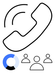 Abstract phone handset with sound lines, three user icons, and circular chart. Ideal for teamwork, connection, call center, communication, data analysis, customer service abstract line flat metaphor