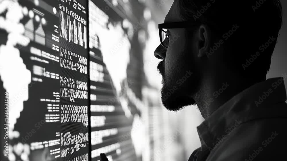 Poster a closeup of a workers expression of concentration as they analyze data graphs on a large screen ref