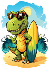Naklejka premium A cute cartoon T-Rex wearing stylish sunglasses and holding a tropical drink, relaxing on a beach with palm trees and blue sky.